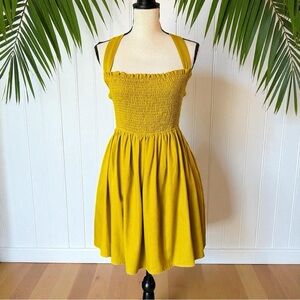 MIOU MUSE Mustard Yellow Linen Blend Crisscross Open Back Dress – Size M